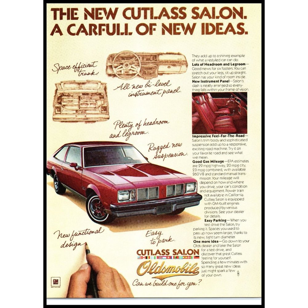1978 Oldsmobile Cutlass Salon 2 Door Vintage Print Ad 70s Design Wall Art Photo
